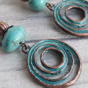 Boho Style Magnesite Gemstone Dangle Earrings, Turquoise Verdigris Rustic Copper Tone Hippy Drops, Geometric, Infinity Swirl Spiral Love image 2