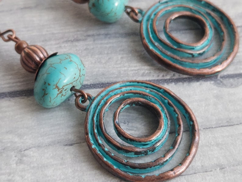 Boho Style Magnesite Gemstone Dangle Earrings, Turquoise Verdigris Rustic Copper Tone Hippy Drops, Geometric, Infinity Swirl Spiral Love image 2
