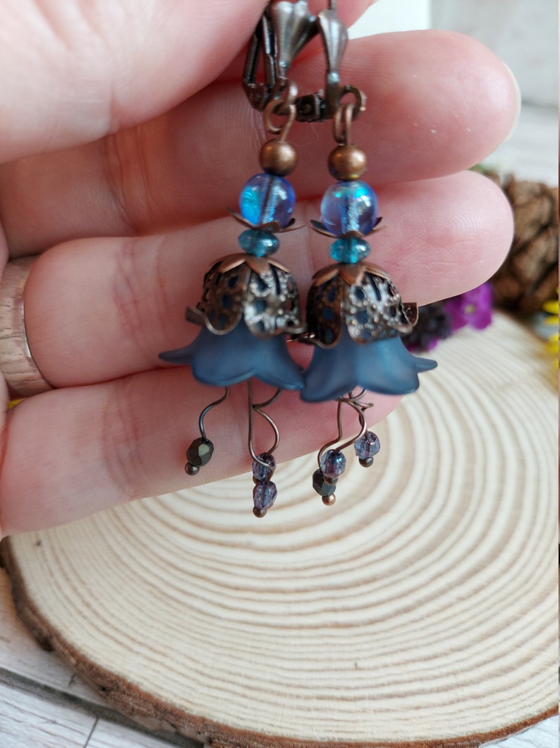 Bluebell Flower earrings, Handmade Boho Floral Dangle Drops, Copper Lever Back, Flower Forest Fairy Cottage Core, Blossom, Gift Box Included image 8