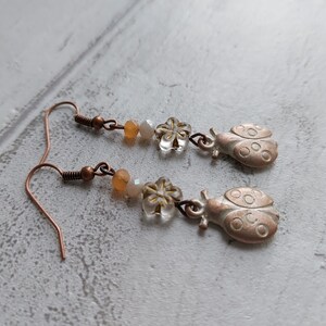 Ladybird Flower Dangle Earrings, Rustic White Washed Antiqued Copper Tone, Pretty Floral Drops, Gift for Ladybug Lover, Nature Theme, Cute. image 2