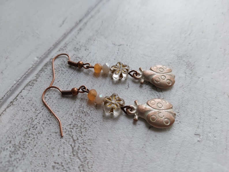 Ladybird Flower Dangle Earrings, Rustic White Washed Antiqued Copper Tone, Pretty Floral Drops, Gift for Ladybug Lover, Nature Theme, Cute. image 2