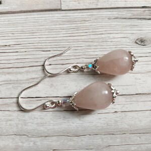 Rose Quartz Crystal Gemstone Earrings, Classic Elegant Drops, Sterling, Silver Plate, Clip-on Option, Bridal Wear, Bridesmaid, Prom Gift sterling silver hook