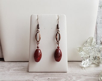 Red Beaded Dangle Earrings, Aventurine Preciosa Czech Glass Earrings, Gemstone Boho Earrings, Festive Holiday Earrings, Copper earrings