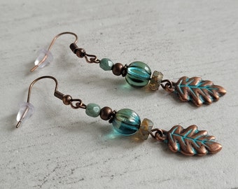 Oak Leaf Dangle Earrings, Teal Czech Glass & Verdigris Copper Rustic Boho Beaded Drops, Copper Tone Hooks, Gift For Nature and Tree Lover