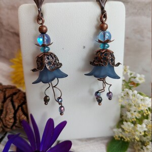 Bluebell Flower earrings, Handmade Boho Floral Dangle Drops, Copper Lever Back, Flower Forest Fairy Cottage Core, Blossom, Gift Box Included image 2