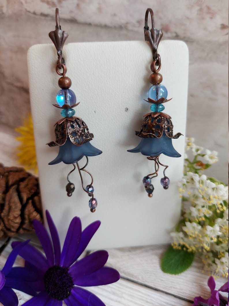 Bluebell Flower earrings, Handmade Boho Floral Dangle Drops, Copper Lever Back, Flower Forest Fairy Cottage Core, Blossom, Gift Box Included image 2
