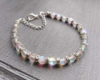 White Frosted Flash Glass and Diamante Detail Beaded Stacking Bracelet, Mystic Mermaid Aura Rainbow Glass Bangle Plus Safety Chain.