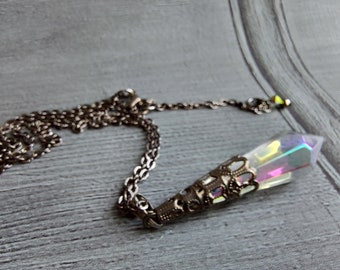 Iridescent Glass Crystal Point Pendulum Pendant Gunmetal Black Necklace, Icicle Prism Pendant, Chain Personalise Length, Extendable Chain,