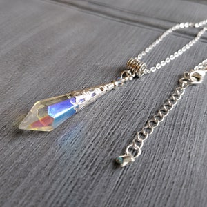 Iridescent Crystal Point Pendulum Necklace: Silver Plated Extendable Chain