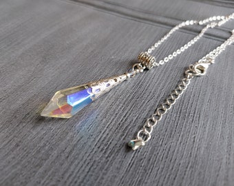 Iridescent Glass Crystal Point Pendulum Pendant Silver Plate Necklace, Icicle Prism Pendant, Chain Personalise Length, Extendable Chain,