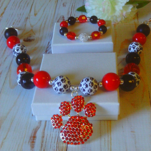 RED Rhinestone PAW Print Beaded Chunky Bubblegum Necklace and Bracelet Set