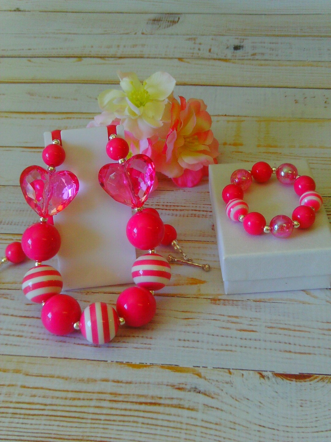Hot Pink Chunky Necklace and Bracelet Set Featuring Hot Pink Transparent Hearts for ALL Ages Etsy
