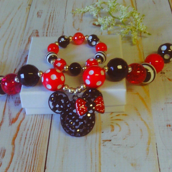 Black Rhinestone with Red Bow Minnie Pendant Chunky Bubblegum Necklace and Bracelet Set Featuring Mickey and Friends