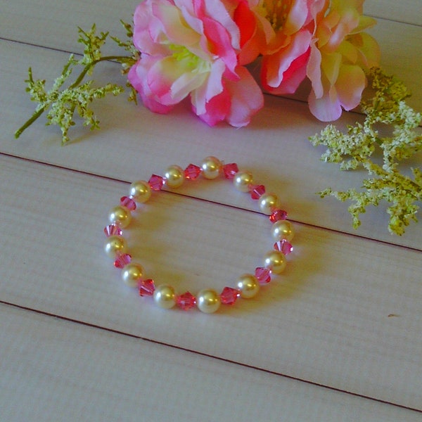 Cream de Rose Ladies Stretch Bracelet Featuring Swarovski Pearls and Rose Crystals ~ GREAT for Stacking!