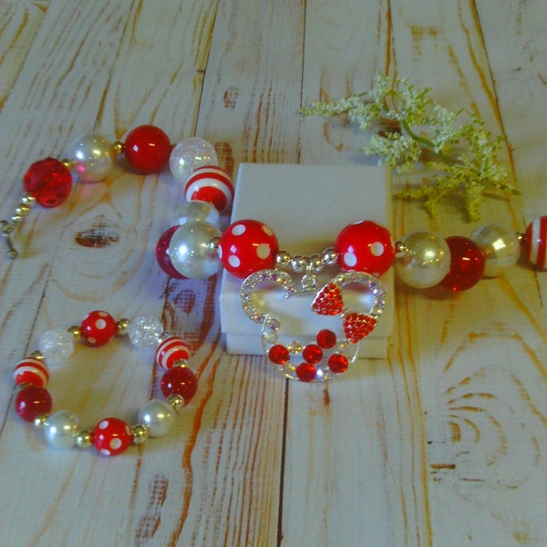 Red & White Rhinestone Minnie Mouse Acrylic Chunky Bubblegum Necklace Set Featuring Mickey and Friends