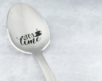 Tea Time Engraved Spoon, 6 1/16" 18/0 Stainless Steel Heavy Weight Spoon, afternoon tea, tea party