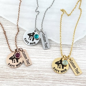 Personalized Navy Mom Necklace: Engraved Stainless Steel Pendant with Birthstone