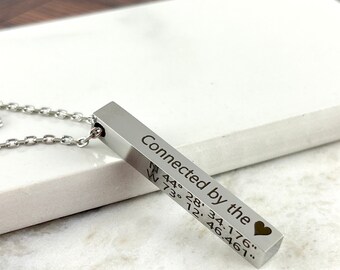 State to State, GPS Coordinates, Laser Engraved Bar, Stainless Steel, 4 sided bar, keychain, necklace, long distance love