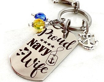 Proud Navy Wife, Laser Engraved Dog Tag Keychain, Wife to a Sailor, US Navy, Stainless Steel, USN, Military keychain