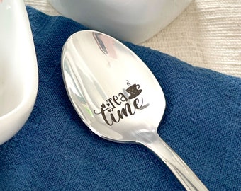 Tea Time Engraved Spoon, 6 1/16" 18/0 Stainless Steel Heavy Weight Spoon, afternoon tea, tea party