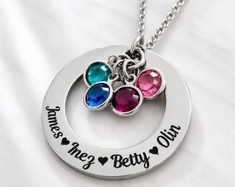 Personalized Birthstone Washer Necklace: Custom Engraved Family Pendant