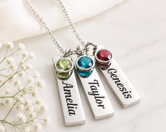 Engraved Name Bar Necklace with Birthstones - Stainless Steel