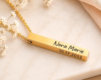 Personalized 4-Sided Bar Keychain or Necklace: Engraved Birth Stats