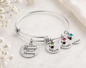 Personalized Bangle Bracelet – Custom Engraved Name Charms with Birthstones – Stainless Steel Greatest Blessings