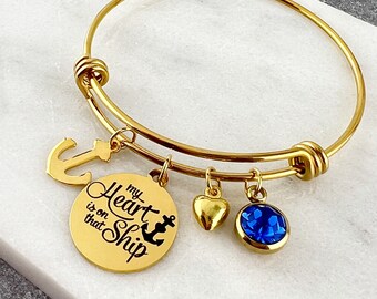 My Heart is on that Ship, laser engraved, charm bracelet, navy mom, 60 mm bracelet, expandable, gold tone bracelet, military mom