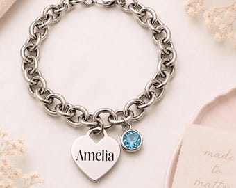 Personalized Heart Charm Bracelet | Custom Engraved | Stainless Steel