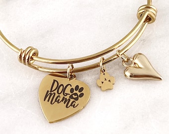 Dog Mama charm bracelet, pet mom bracelet, 60 mm gold tone bracelet, expandable bracelet, foster mom, pet rescue