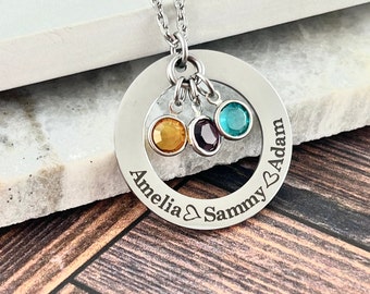 Circle of Love Family Names Necklace with birthstones, stainless steel, laser engraved pendant