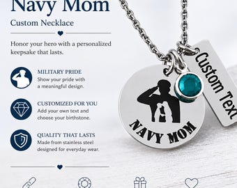 Personalized Navy Mom Necklace: Engraved Stainless Steel Pendant with Birthstone