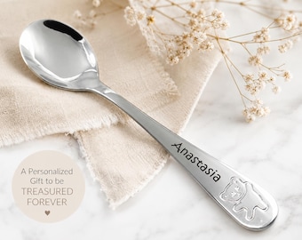 Personalized Stainless Steel Toddler Spoon: Engraved Name, Bear Design