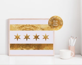Chicago Flag Print, Gold Chicago Flag, Chicago Poster, Chicago Art Print, Gold Foil print, Gold Office Print, City Poster, Chicago Flag Art
