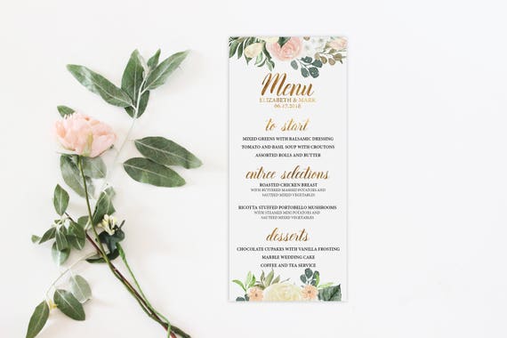 Floral Wedding Menu Printed Menu Real Gold Foil Floral Etsy