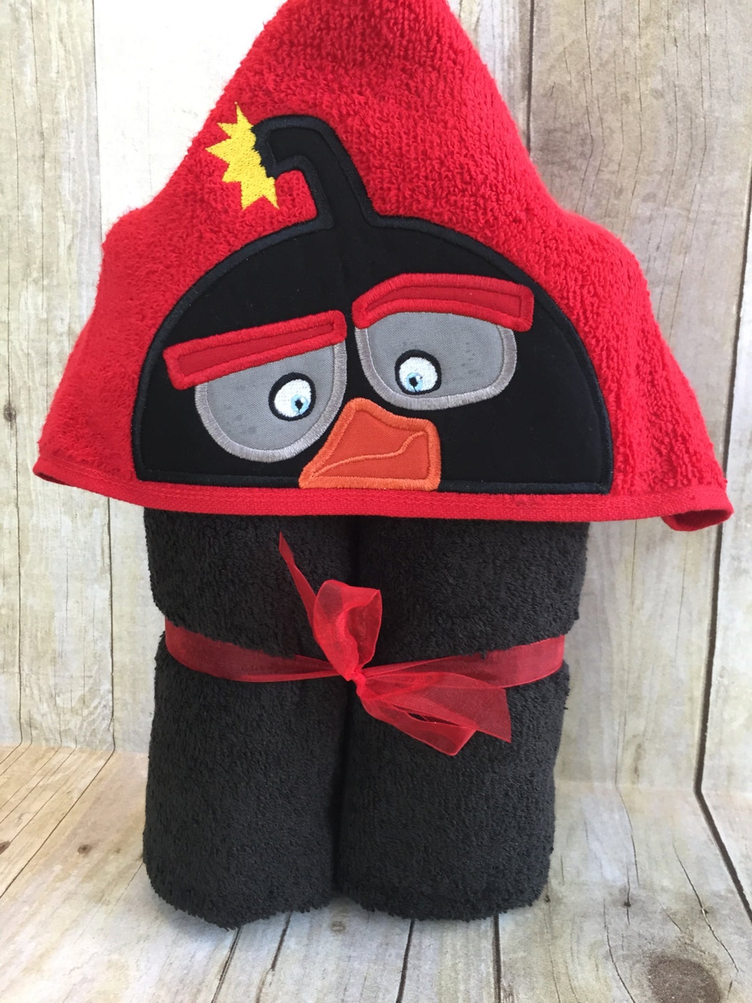 Black Mad Bird Applique Hooded Bath, Beach, Pool Towel Cover up 30 X 54