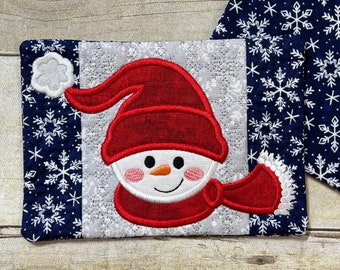 Snowman Mug Rug--Mug Rug, Embroidered, Quilted--Makes a Great Gift--Different Fabric Options