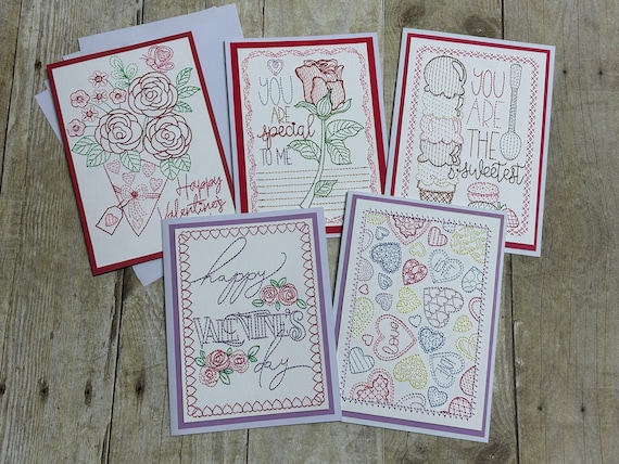 Set of 5 Valentine's Day Embroidered Greeting Cards, Blank Inside, Envelope Included--Perfect for those special people in you life!