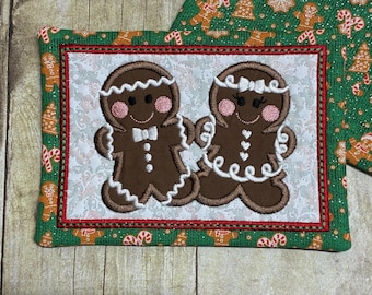 Gingerbread Couple Mug Rug--Mug Rug, Embroidered, Quilted--Makes a Great Gift--Different Fabric Options