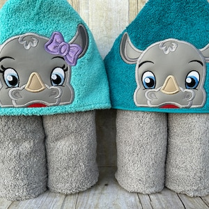 Rhinoceros Boy & Girl Applique Hooded Bath, Beach, Pool Towel, Cover Up 30" x 54"   Personalization Available