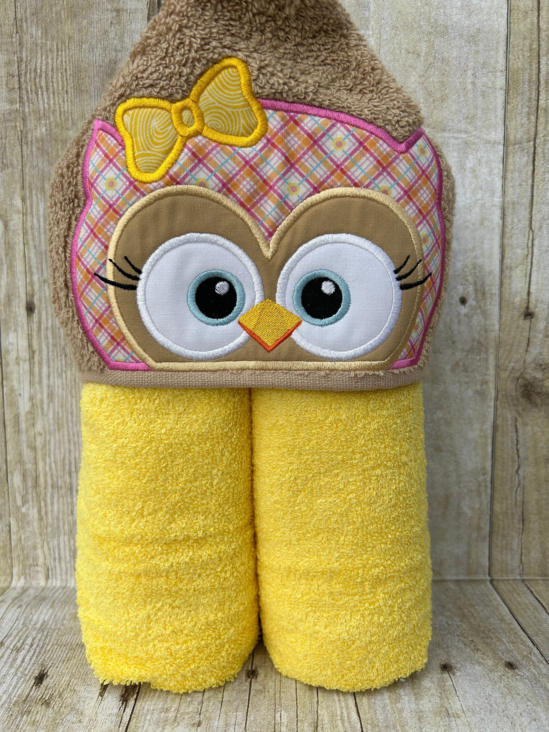 Pink Plaid Owl Applique Hooded Bath, Beach, Pool Towel, Swim Cover Up 30" x 54" Personaliz