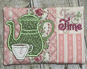 Tea Time Mug Rug with Pocket--Mug Rug, Embroidered, Quilted--Makes a Great Gift--Different Fabric Options