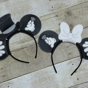 Marriage Mouse Ears Headband  Embroidered Bride and Groom Honeymoon, Anniversary