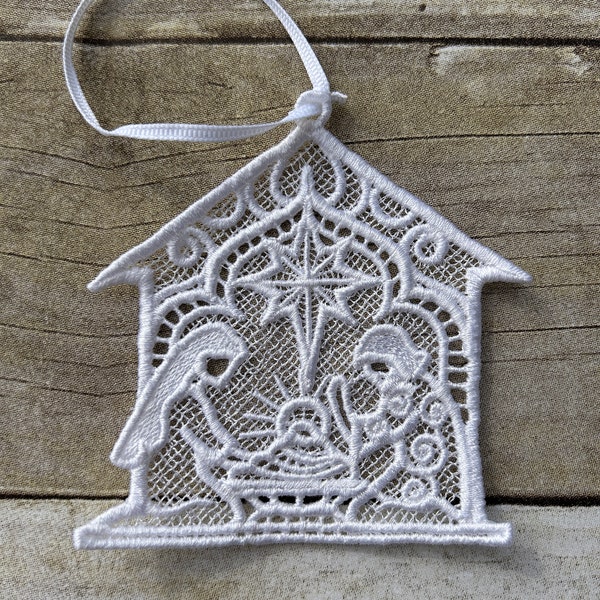 Embroidered FSL Free Standing Lace White Nativity Scene Ornament