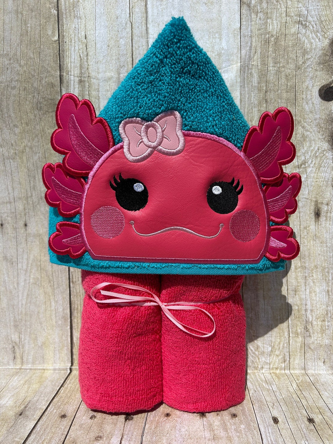 Axolotl Applique Hooded Bath, Beach, Pool Towel, Cover up 30 X 54