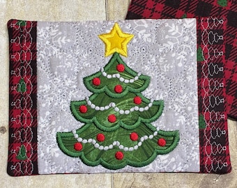 Christmas Tree Mug Rug--Mug Rug, Embroidered, Quilted--Makes a Great Gift--Different Fabric Options