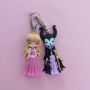 maleficent earrings and aurora in fimo, polymer clay