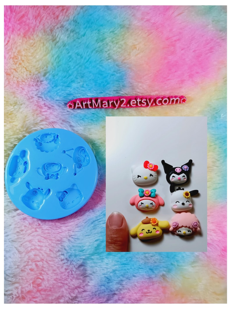 May include: A blue silicone mold with seven different character shapes. The mold is filled with colorful polymer clay characters, including Hello Kitty, My Melody, and Pompompurin.