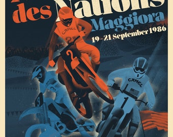 May include: A vintage poster for the 1986 Motocross des Nations race in Maggiora, Italy. The poster features three motocross riders in mid-air, with the Camel logo prominently displayed. The poster is in a retro style with a blue, red, and white color scheme.